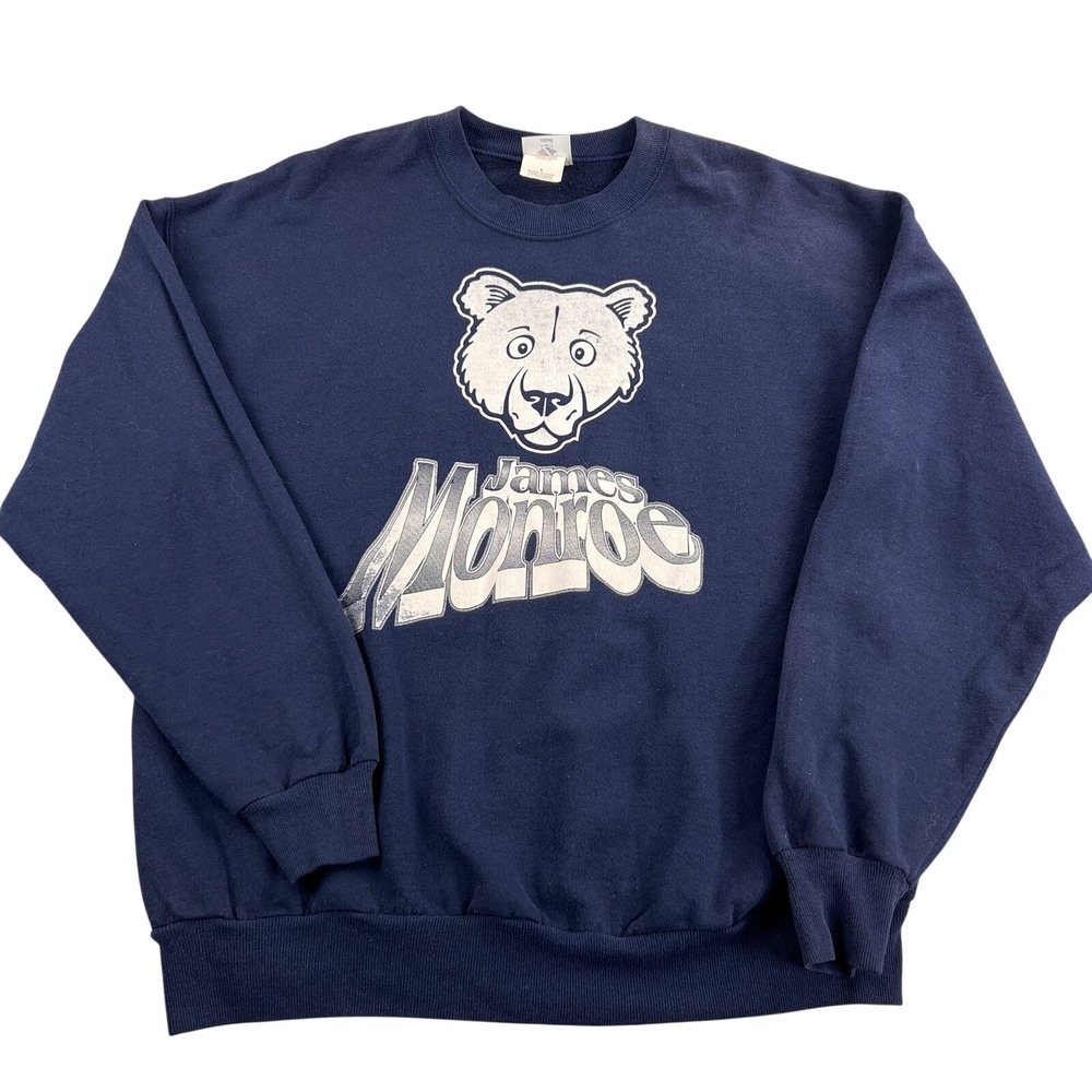 Vtg Jerzees James Monroe Bears 3D Graphic Crewneck Sweatshirt XL Navy Fresno, CA